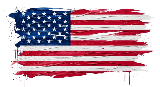 Grunge style american flag with paint splatter isolated on transparent background