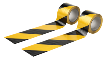 Two rolls of yellow and black striped hazard warning tape unwound, cutout, PNG isolated on transparent background