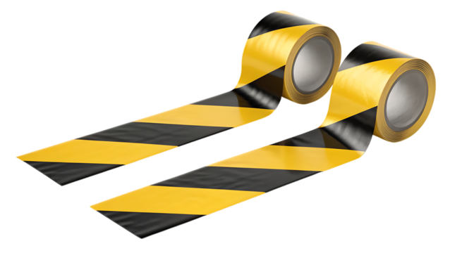 Two rolls of yellow and black striped hazard warning tape unwound, cutout, PNG isolated on transparent background