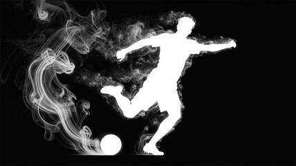 Dynamic black and white smoke silhouette of a soccer player kicking ball in motion, energetic mist effect, cinematic contrast, ultra-realistic, artistic sports poster design.