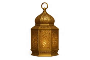Golden islamic lantern illuminating ramadan and eid al-fitr, intricate ornate details depicting traditional arabic patterns