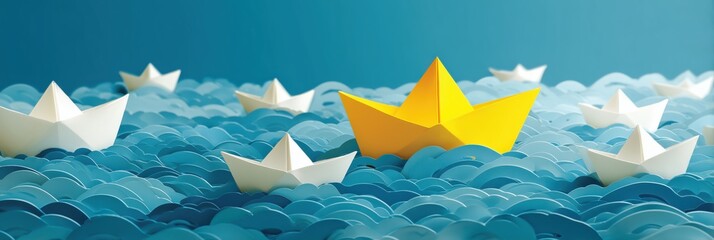 Boat paper concept yellow ship business leadership leader lead origami partnership. Background boat paper concept change journey success crew blue compass unique different fleet join team challenge