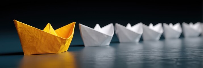 Boat paper concept yellow ship business leadership leader lead origami partnership. Background boat paper concept change journey success crew blue compass unique different fleet join team challenge