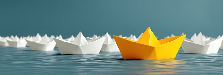 Boat paper concept yellow ship business leadership leader lead origami partnership. Background boat paper concept change journey success crew blue compass unique different fleet join team challenge