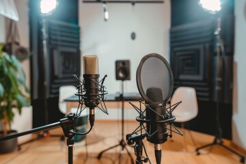 Microphones set up in a modern recording studio