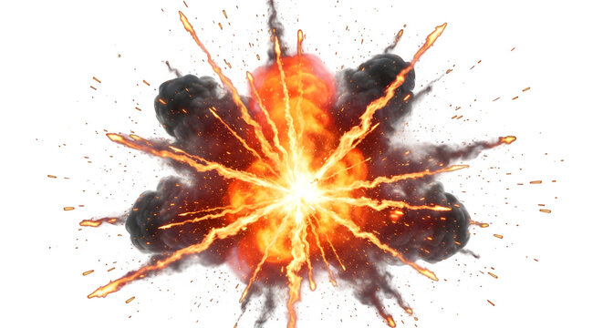 Explosion of fire and smoke with radiating sparks, isolated on transparent background - Powered by Adobe