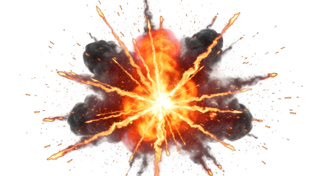 Explosion of fire and smoke with radiating sparks, isolated on transparent background - Powered by Adobe