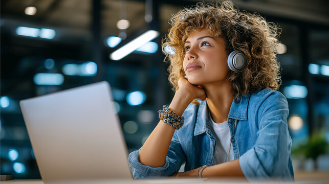 Young woman listening to music with headphones while working on laptop in office, modern workflow, focus, productivity, tech lifestyle, with copy space
