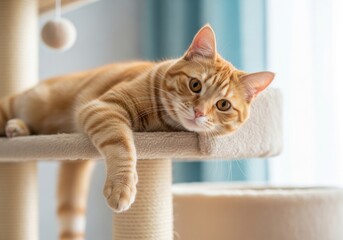 An orange tabby cat with stripes lies relaxed on a multilevel cat tree, with one paw hanging down