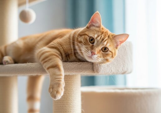 An orange tabby cat with stripes lies relaxed on a multilevel cat tree, with one paw hanging down - Powered by Adobe