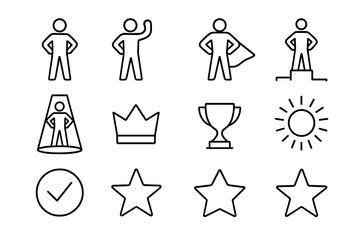 Power Pose Icons. Power pose. Line icon set of power pose: person standing tall, arms on hips, raised fist, confident stance, superhero silhouette, podium,