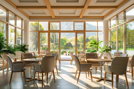 Modern interior of a bright cafe with mountain view