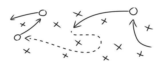 Arrows and dots display movement paths in a creative, abstract design.