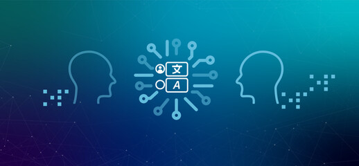 Speech to Speech translation illustration gradient background icons human connected with language real time audio translation and futuristic communication © bakhtiarzein
