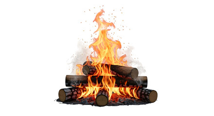 Burning campfire with bright flames and smoke isolated on transparent background for outdoor theme