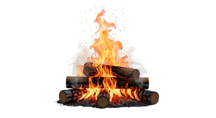 Burning campfire with bright flames and smoke isolated on transparent background for outdoor theme