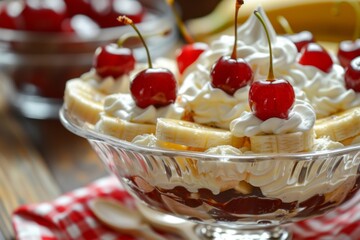 Delicious banana split dessert with whipped cream and cherries