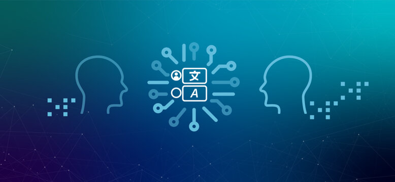 Speech to Speech translation illustration gradient background icons human connected with language real time audio translation and futuristic communication