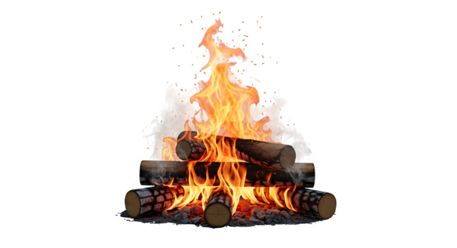 Burning campfire with bright flames and smoke isolated on transparent background for outdoor theme
