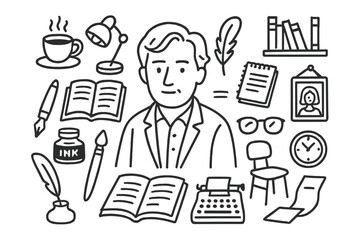 Author's Creative Workspace. Author portrait. Hand-drawn doodle illustration author portrait open book, fountain pen, ink bottle, glasses, quill, coffee cup,
