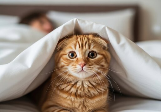 A cute orange tabby scottish fold kitten peeks out from under a white duvet in a bed - Powered by Adobe