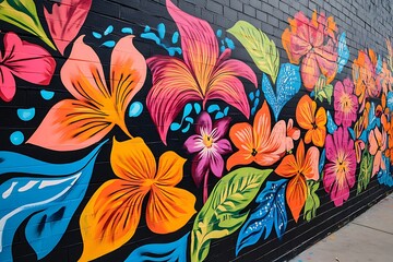 A bold street art mural with a fusion of electric colors and floral designs,