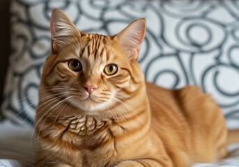 Closeup portrait of an orange tabby cat with striking yellow eyes, resting comfortably