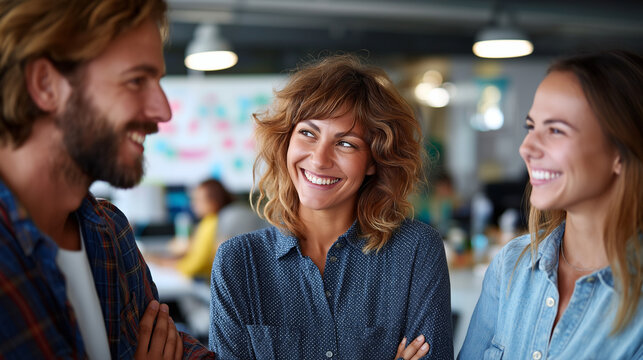 Three colleagues working and exchanging ideas in creative office with whiteboard, startup, innovation, project planning, teamwork, with copy space - Powered by Adobe