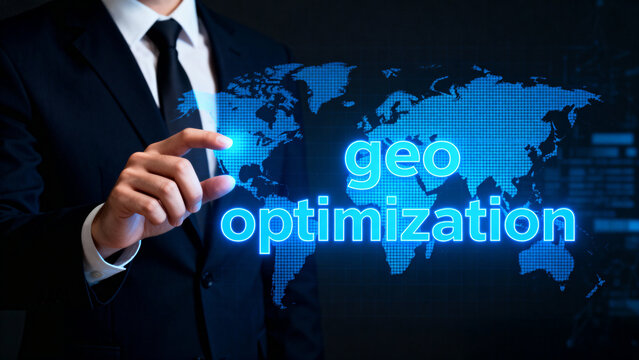 Man in suit pointing at a world map with the words geo optimization in bright blue neon letters
