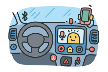 Fototapeta premium Colorful Car Dashboard Doodles. In-car dashboard assistant. Colorful Hand-drawn doodle Children illustration In-car dashboard assistant steering wheel,