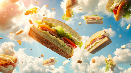 Surreal Culinary Sky: A Sandwich Dreamscape with Floating Deliciousness for National BLT Sandwich Month, National Sandwich Month, British Sandwich Week, National Sandwich Day