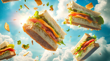 Sandwich explosion in a blue sky, an unexpected culinary moment for National BLT Sandwich Month, National Sandwich Month, British Sandwich Week, National Sandwich Day
