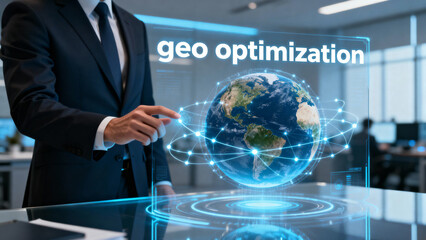 Businessman interacting with geo optimization hologram of earth on a futuristic table