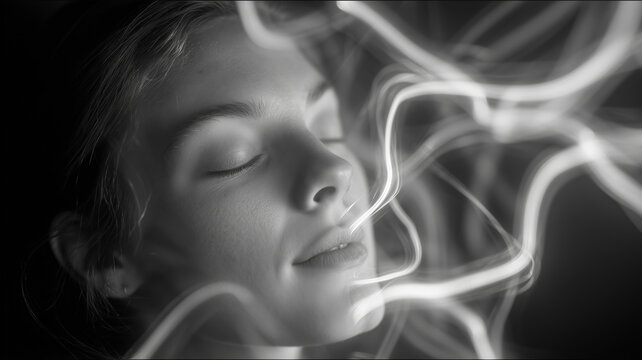 A woman with closed eyes is highlighted in a striking black and white portrait