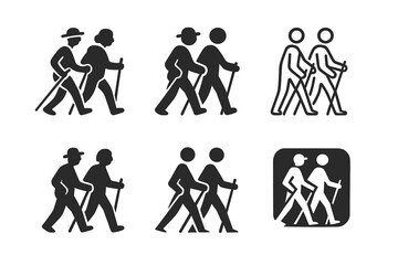 Active Aging Logos. Active aging. Set Logo of Active aging: walking group with poles. harmonious logo variations of the same emblematic concept, each with