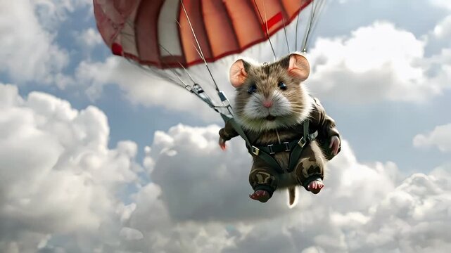 A whimsical mouse character is captured midair, parachuting with a parachute against a backdrop of fluffy white clouds. The mouse is dressed in a militarystyle uniform.