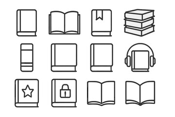 Book Line Icons. Book. Line icon set of Book: closed book, open book, bookmark ribbon, stacked books, book spine, book with dust jacket, book with bookmark