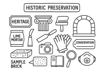 Fototapeta premium Historic Preservation Tools. Historic preservation. Hand-drawn doodle illustration historic preservation heritage plaque, column capital, arch, lime mortar