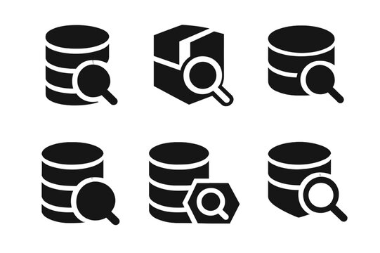 SQL Icon Grid. Database Query Optimization. Set Logo of SQL Query Icon: Filled silhouette, Abstract geometric, Negative space, Flat solid, Stylized detail,
