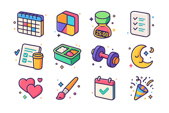 Work-Study-Gaming Icons. Work?study?gaming balance. Colorful isometric vector icons set of Work?study?gaming balance: weekly planner, priority matrix, focus