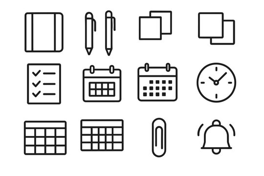 Planning Toolkit Icons. Planning toolkit. Line outline icon set of planning toolkit: planner notebook, pen,