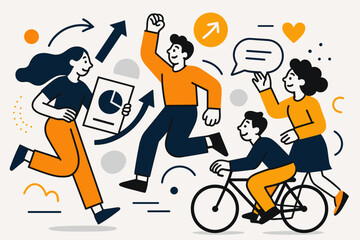 Dynamic Stylized Motion Scene. Modern flat vector scene with expressive, stylized characters in dynamic motion. Clean, bold outlines combined with smooth