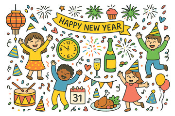 Obraz premium New Year's Festivities. New Year celebration. Colorful Hand-drawn doodle Children illustration New Year celebration fireworks, clock, champagne, confetti,