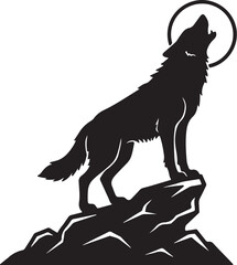 Silhouette of a wolf howling at the moon on a rocky outcrop animal on transparent background