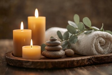 Spa candles with stones and towel