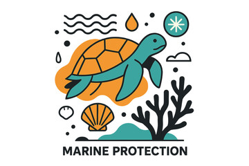 Turtle's Coral Haven. Marine protection. A sea turtle swimming among coral reefs, floating geometric waves,