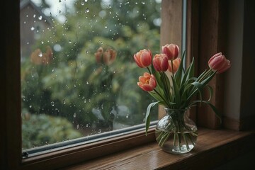 Tulips in vase by rainy window
