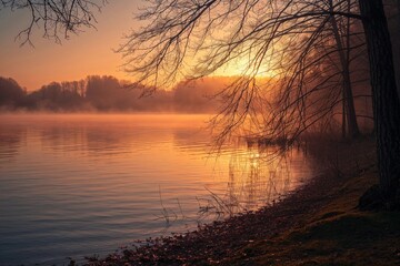 Sunrise over misty lake with tree branches