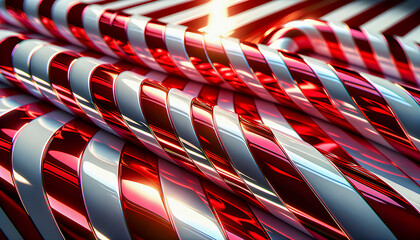 Obraz premium Shiny red and white striped candy canes are stacked together with glossy reflections and curved shapes creating a festive and vibrant holiday atmosphere
