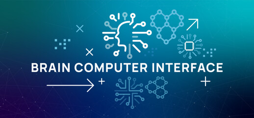 Brain Computer Interface BCI icons show a human head connected to chip molecular structure representing neuroscience technology and future of mind control and digital interaction